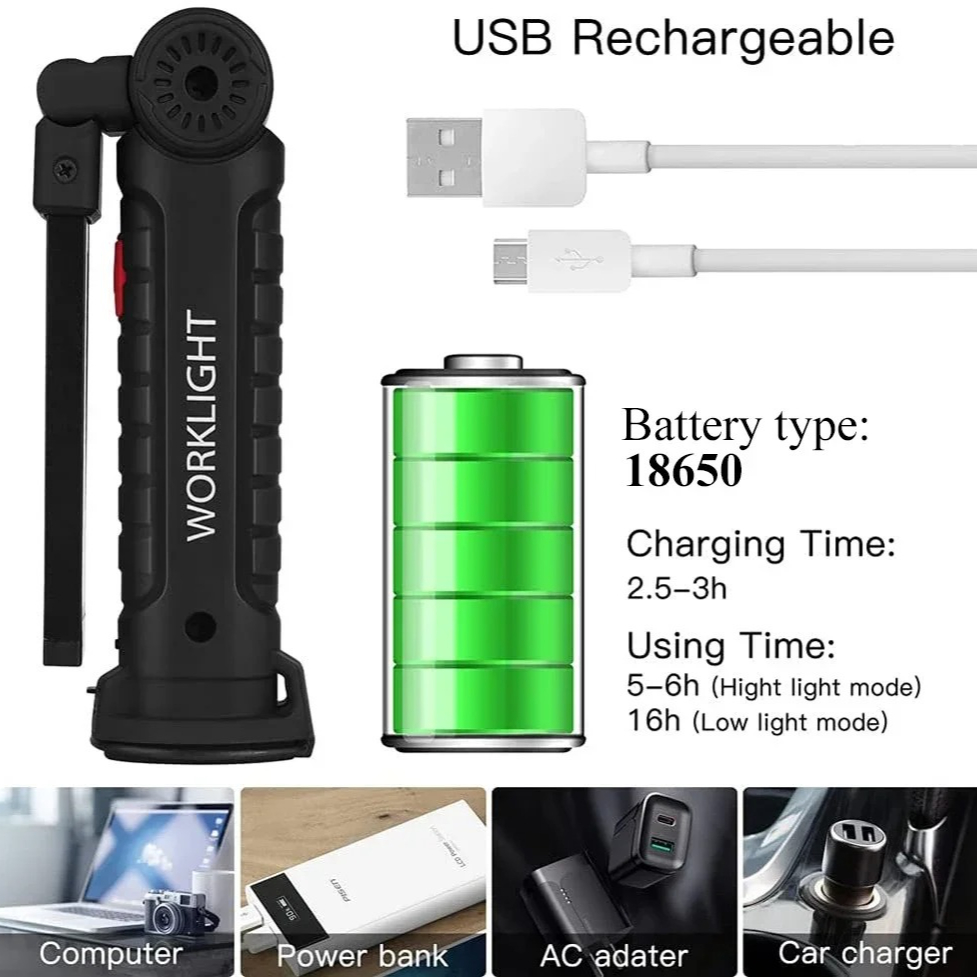 휴대용 COB LED 손전등 USB 충전식 작업 조명  - Renewable Energy Battery 리뷰 및 가격